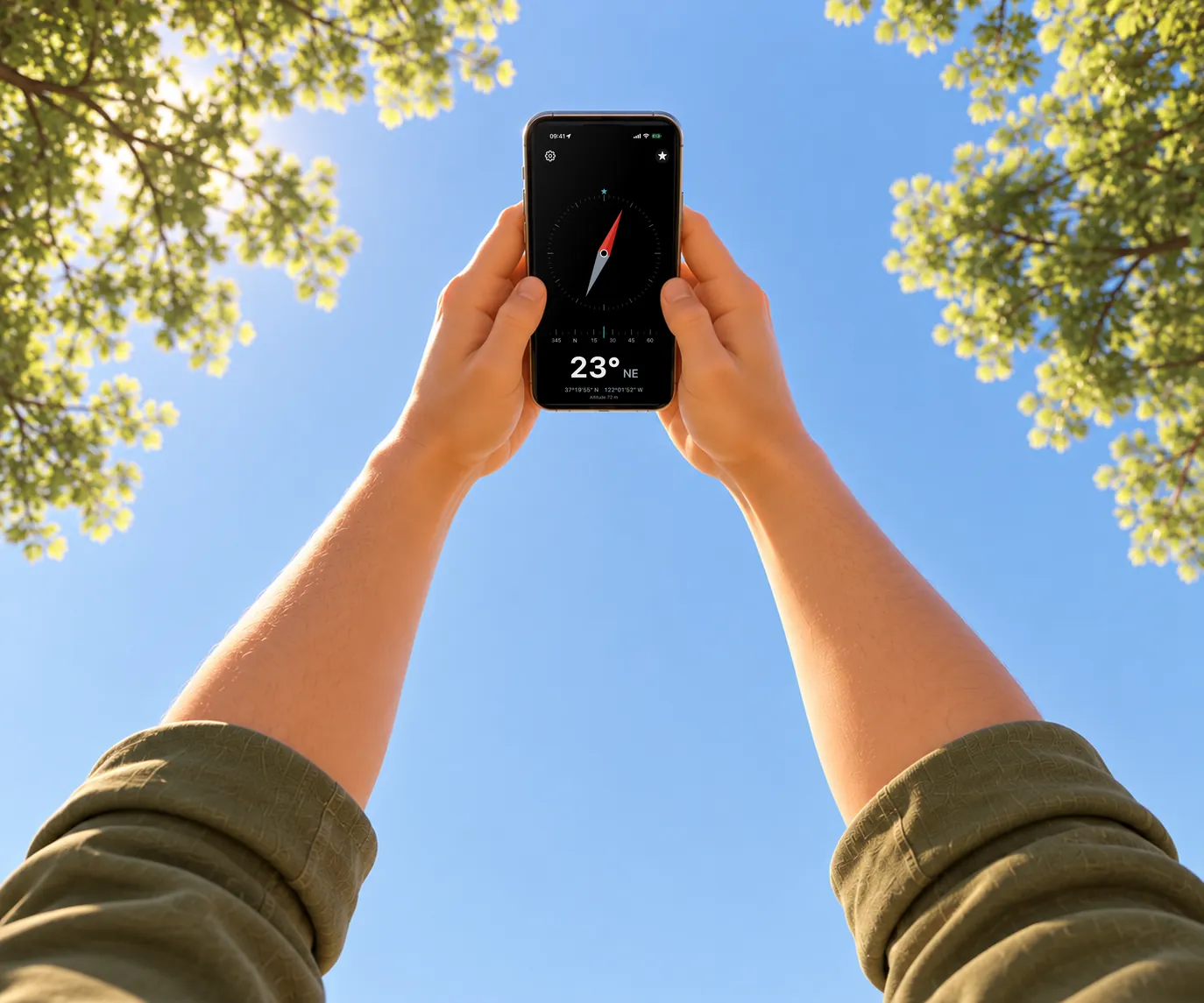 Looking up through trees at a blue sky, two hands hold an iPhone flat overhead. On the screen, 3pNorth shows the Needle on black at 23 degrees north-east, with the dial mirrored so north points the right way.