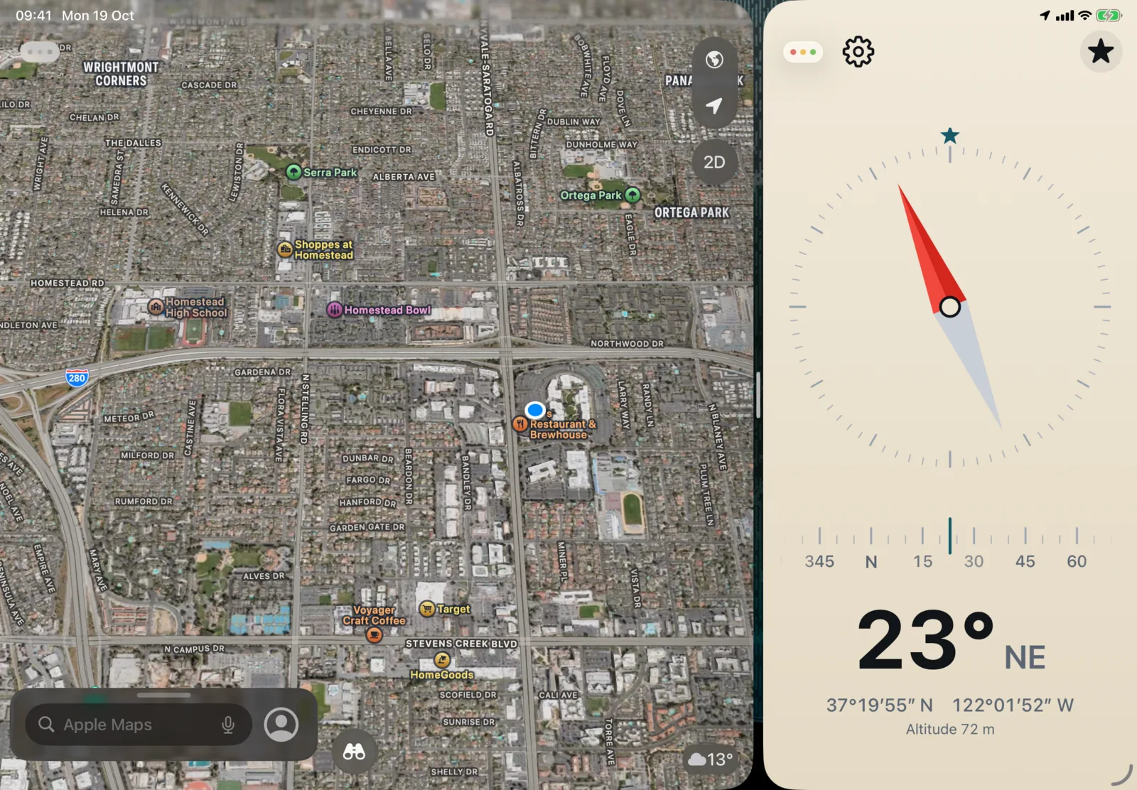 An iPad with Apple Maps on the left and 3pNorth in a narrow window on the right, with the Needle face at 23 degrees north-east